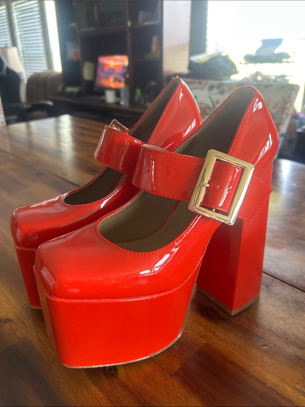EGO Red Patent Platform Mary Jane Heels with Gold Buckle uk size 5
